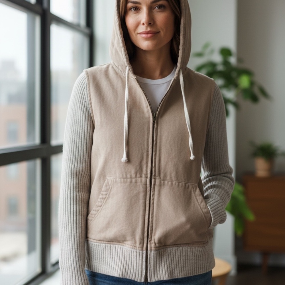 Anthro Saturday Sunday Beige Hooded Zip Front Jacket Coastal Cozy CottageCore